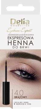 Delia Cosmetics Ekspresowa Henna do Brwi 4.0 Brązowy z pędzelkowym aplikatorem. Zbliżenie na oko i opakowanie.