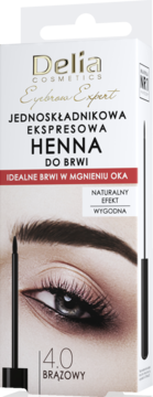 Delia Cosmetics Ekspresowa Henna do Brwi 4.0 Brązowy, jednoskładnikowa, widok frontowy opakowania z okiem i aplikatorem.