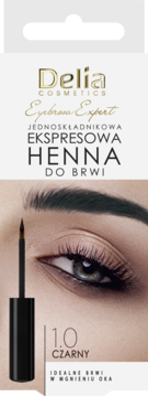 Delia Cosmetics jednoskładnikowa henna do brwi 1.0 czarny. Zbliżenie na pędzelek i oko modelki.
