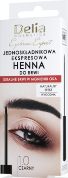 Delia Eyebrow Expert Czarna Henna do Brwi, białe opakowanie, przód, modelka z brwiami, aplikator.