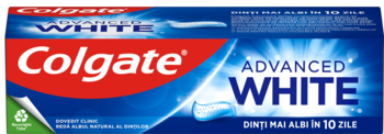 Colgate Advanced White, pasta do zębów w niebiesko-czerwonym opakowaniu, widok z przodu, z logo i kropelką pasty.