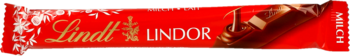 Czerwona tabliczka czekolady Lindt Lindor, z złotymi napisami i wzorem śnieżynek, widok z przodu.