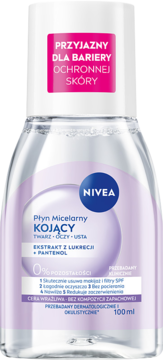 Nivea Kojący Płyn Micelarny 100ml dla cery wrażliwej, z pantenolem, przezroczysta butelka z różowym napisem i fioletową etykietą, widok z przodu.
