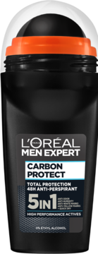 Czarny antyperspirant L'Oréal Men Expert Carbon Protect 5w1 roll-on, 48h ochrony, widok z przodu.