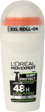 Biały antyperspirant L'Oréal Men Expert Shirt Protect XXL Roll-on 48H z czarną etykietą, widok z przodu.