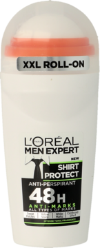 Biały antyperspirant L'Oréal Men Expert Shirt Protect XXL Roll-on 48H z czarną etykietą, widok z przodu.