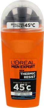 Pomarańczowy antyperspirant L'Oréal Men Expert Thermic Resist roll-on, skuteczny do 45°C, widok z przodu.