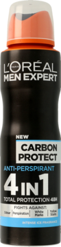 L'Oréal Men Expert Carbon Protect 4-in-1 antyperspirant w czarnym sprayu, widok z przodu, pomarańczowy aplikator.
