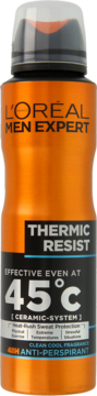 Pomarańczowy spray L'Oréal Men Expert Thermic Resist 48H antyperspirant, widok z przodu, skuteczny do 45°C.