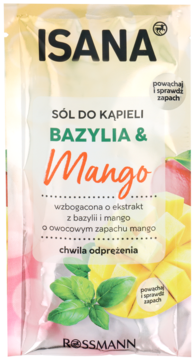 Sól do kąpieli ISANA Bazylia & Mango w kolorowej saszetce, z wizerunkiem bazylii i mango, widok z przodu.