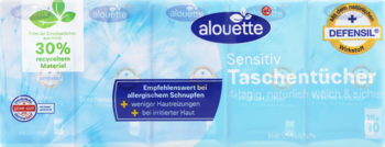 Niebieskie opakowanie chusteczek Alouette Sensitive 15x10, z logo Defensil. Idealne dla alergików i wrażliwej skóry.