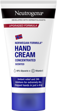 Neutrogena Norwegian Formula Hand Cream, biała tubka z niebieską nakrętką i napisem 'UPGRADED FORMULA'.