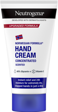 Neutrogena Norwegian Formula Hand Cream, biała tubka z niebieską nakrętką i napisem 'UPGRADED FORMULA'.