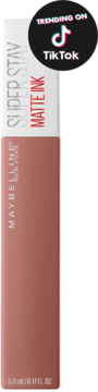 Matowa szminka Maybelline Super Stay Matte Ink w cielistym odcieniu, z naklejką TikTok, widok z przodu.