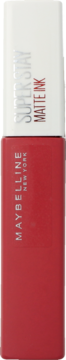 Czerwona matowa pomadka w płynie Maybelline Super Stay Matte Ink, z białym korkiem, widok z przodu.