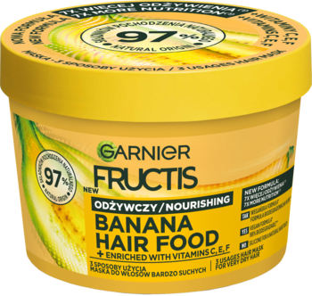 Żółta maska Garnier Fructis Banana Hair Food do bardzo suchych włosów, z bananem, widok z przodu.