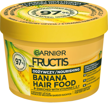 Żółta maska Garnier Fructis Banana Hair Food do bardzo suchych włosów, z bananem, widok z przodu.