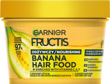 Garnier Fructis Banana Hair Food, odżywcza maska do bardzo suchych włosów, żółta tubka, widok z przodu.