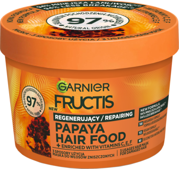 Pomarańczowa maska Garnier Fructis Papaya Hair Food, regenerująca do włosów zniszczonych, widok z przodu.