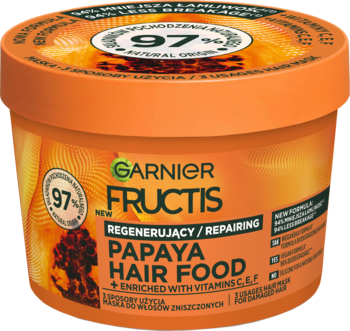Pomarańczowa maska Garnier Fructis Papaya Hair Food, regenerująca do włosów zniszczonych, widok z przodu.