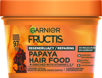 Pomarańczowa maska Garnier Fructis Papaya Hair Food do włosów zniszczonych, regenerująca, widok z przodu.