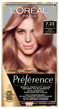 L'Oréal Paris Préférence 7.23 Dark Rose Gold farba do włosów, opakowanie z modelką, połysk.