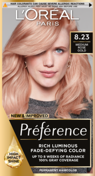 L'Oréal Préférence 8.23 Medium Rose Gold farba do włosów z modelką o lśniących włosach. Pudełko widoczne z przodu.