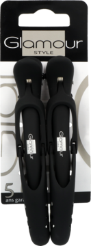 Dwa czarne, matowe klipsy fryzjerskie Glamour STYLE w opakowaniu, widok z przodu, 5 lat gwarancji.