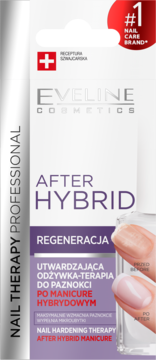 Eveline After Hybrid Nail Therapy Professional, utwardzająca odżywka po hybrydzie, biało-fioletowe pudełko, front.