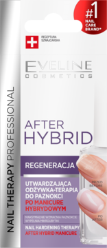 Eveline After Hybrid Nail Therapy Professional, utwardzająca odżywka po hybrydzie, biało-fioletowe pudełko, front.