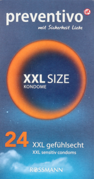 Niebieskie opakowanie prezerwatyw Preventivo XXL SIZE (24 sztuki), widok z przodu, z dużym pomarańczowym kołem.