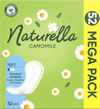 Zielone pudełko Naturella Camomile, 52 szt. cienkich, elastycznych wkładek higienicznych z rumiankiem, widok z przodu.
