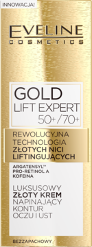 Eveline Gold Lift Expert 50+/70+ luksusowy złoty krem napinający kontur oczu i ust, front opakowania.