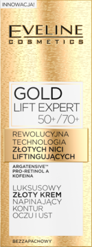 Eveline Cosmetics Gold Lift Expert 50+/70+ krem liftingujący oczy i usta, złote nici, bezzapachowy, widok z przodu.
