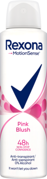Biały antyperspirant Rexona MotionSense Pink Blush 48h w sprayu, z różowymi wzorami i dużym, granatowym znakiem.