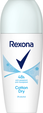 Biały antyperspirant Rexona Cotton Dry 48h w kulce, z niebieskim logo i tekstami, widok z przodu.