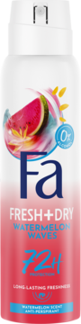 Fa Fresh+Dry Watermelon Waves antyperspirant spray 72H, biało-różowa butelka z arbuzem, widok z przodu.