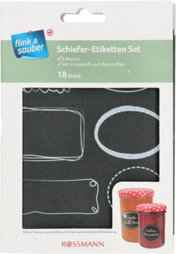 Zestaw 18 czarnych etykiet kredowych Flink & Sauber z pisakiem, na opakowaniu widoczne przykłady kształtów.