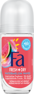 Fa Fresh + Dry Watermelon Waves antyperspirant roll-on, 48h ochrony, przezroczysta butelka z różową etykietą i arbuzem.