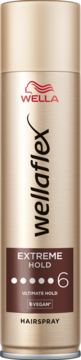 Wella Wellaflex Extreme Hold 6 Ultimate Hairspray, złoto-brązowa butelka z wegańską etykietą, widok z przodu.
