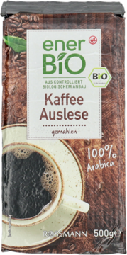 EnerBiO kawa mielona 100% Arabica BIO 500g w brązowej torbie, z filiżanką kawy i ziarnami na froncie.