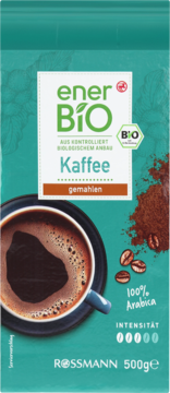 EnerBiO Kawa mielona 100% Arabica BIO w turkusowej paczce z kubkiem kawy, ziarnami i mieloną kawą, 500g.