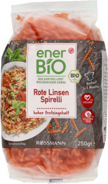 Transparentne opakowanie makaronu enerBiO Red Lentil Spirelli 250g, z przodu, z daniem i informacjami o wegańskim składzie i braku glutenu.