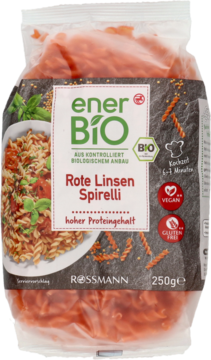 Transparentne opakowanie makaronu enerBiO Red Lentil Spirelli 250g, z przodu, z daniem i informacjami o wegańskim składzie i braku glutenu.