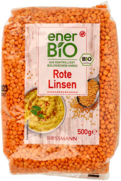 Przezroczysta torba czerwonej soczewicy EnerBiO 500g, front z zieloną etykietą i grafiką dania.