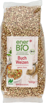 Opakowanie enerBiO Kaszy Gryczanej Całe Ziarna w przezroczystej torbie, widok z przodu, z etykietą BIO i wagą 500g.