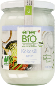 Słoik enerBiO Kokosöl nativ 400g, z białym olejem w środku i zielono-białą etykietą, widok z przodu.