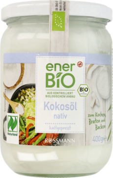 Słoik enerBiO Kokosöl nativ 400g, z białym olejem w środku i zielono-białą etykietą, widok z przodu.