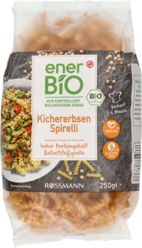 Przezroczysta torebka enerBiO Kichererbsen Spirelli, makaron z ciecierzycy, wegański i bezglutenowy, 250g.