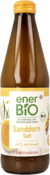 EnerBiO 100% sok z rokitnika w brązowej butelce, biała etykieta z żółtym napisem, widok z przodu.